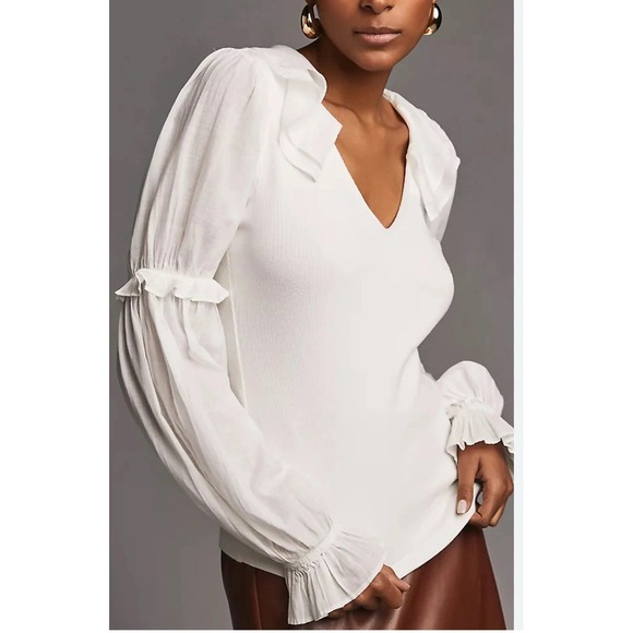 By Anthropologie Ruffled white Blouse Top Ribbed Long Sleeve L boho - Picture 1 of 8